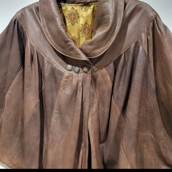 Vtg Brown Leather Cape Coat - Picture 6 of 14